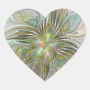 Adesivo Coração Fantasia Floral Arte Fractal Moderna Com Dourado