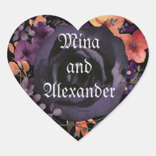 Adesivo Coração Favor de casamento Black Rose Floral