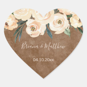 Adesivo Coração Favor de casamento Floral Bege Blush em Marrom Cor