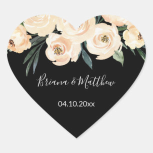 Adesivo Coração Favor de casamento Floral Bege em Preto Coração