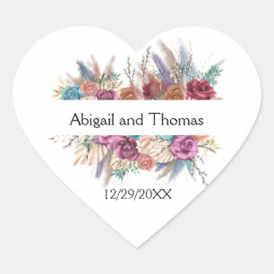 Adesivo Coração Favor de casamento personalizado floral boho moder
