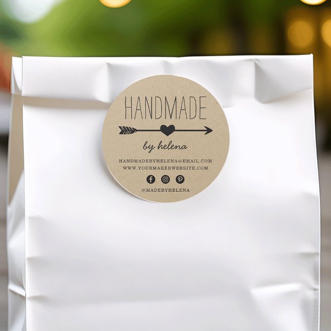 Adesivo Coração Feita à Mão | Rustic Kraft Look (Criador carregado)