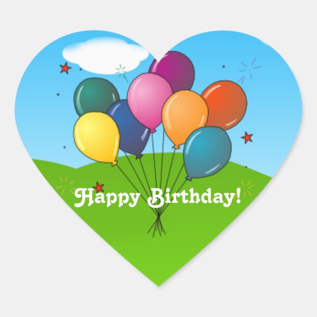 Adesivo Coração Feliz aniversário! Balões de celebrações, (Frente)