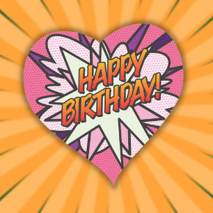 Adesivo Coração FELIZ ANIVERSÁRIO Diversão Quadrinhos Retrô Rosa