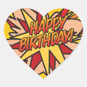 Adesivo Coração FELIZ ANIVERSÁRIO Diversão Retro Quadrinho