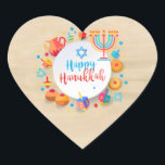 Adesivo Coração Feliz Festa de Chanucá, bela decoração<br><div class="desc">Feliz Festa de Chanucá, Belo Decoro, Feriado Judeu, Clássico De Redondos. Antecedentes judeus de Hanukkah Feriado com símbolos tradicionais de Chanukah - sonhos de madeira (rodando no topo), rosquinhas, menorah, velas, estrela de David e luzes brilhantes Padrão antigo de vintagem de papel de parede. Decoração de Eventos do Festival de...</div>