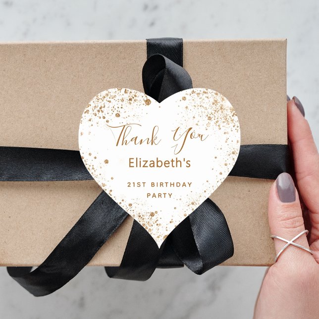 Adesivo Coração Festa de aniversário branco dourado nome brilhante (Criador carregado)