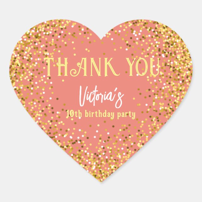 Adesivo Coração Festa de aniversário Dourada rosa Obrigado Cardíac (Frente)