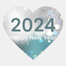 Adesivo Coração Flocos de neve com feliz ano novo redondo