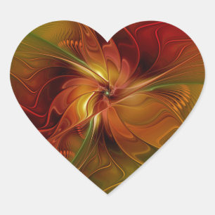 Adesivo Coração Flor de Arte Fractal Verde Marrom Laranja Vermelho