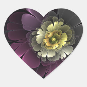 Adesivo Coração Flor Fractal Abstrata Moderna Purpura Cinza Khaki