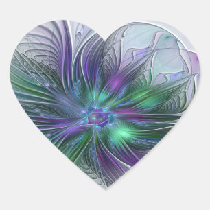 Adesivo Coração Flor Moderna Abstrata Fractal Verde Roxo