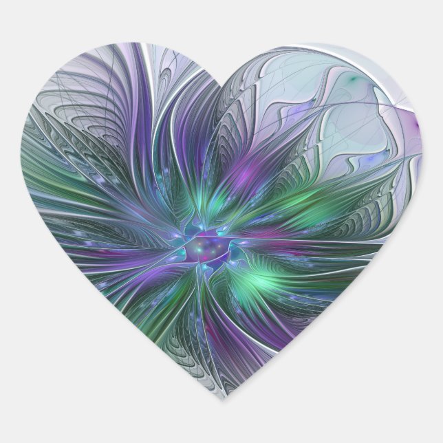 Adesivo Coração Flor Moderna Abstrata Fractal Verde Roxo (Frente)
