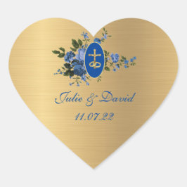 Adesivo Coração Floral de Casamento Azul-Ouro Elegante