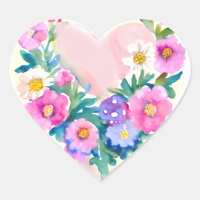 Adesivo Coração Floral Heart Wreath | Pink de Aquarela Pastel (Frente)