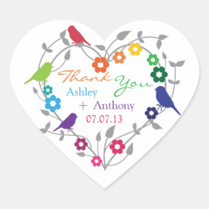 Adesivo Coração Flores dos pássaros do tema do arco-íris que