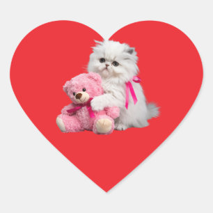 Adesivo Coração Folha de Vinheta de Gato Persa Branco e Urso de Te