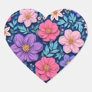 Adesivo Coração Fundo floral, rosa e roxo,