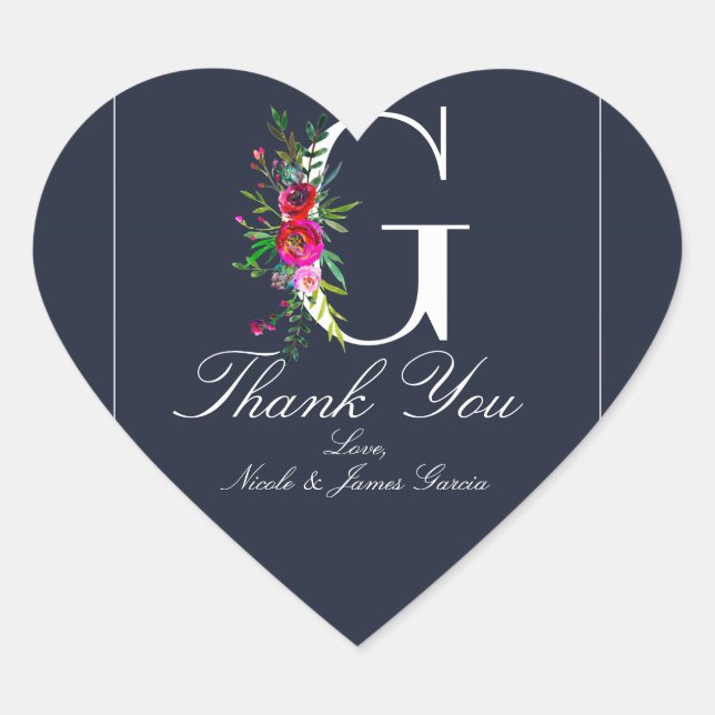 Adesivo Coração G Monograma Último Casamento Floral Azul Moderno I (Frente)