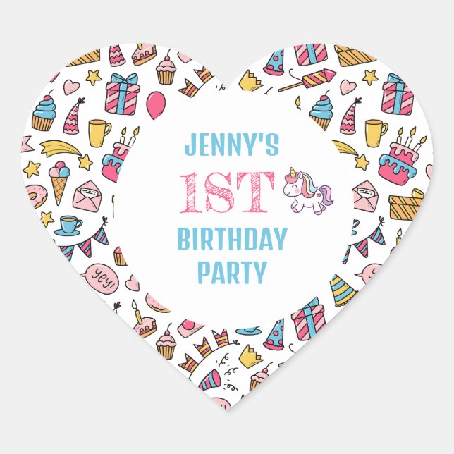 Adesivo Coração Garota Bonita Unicórnio Qualquer Festa de aniversá (Frente)