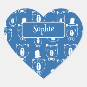 Adesivo Coração Garotos bonitos, urso cavalheiro no azul-chapéu