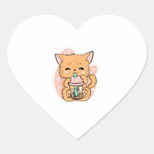 Adesivo Coração Gato Boba Tea Bubble Tea Anime Kawaii Neko de graç