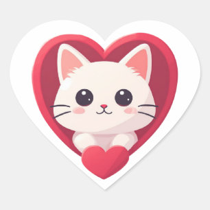 Adesivo Coração Gato Branco Fofo com Coração Desenho de Kawaii Kit