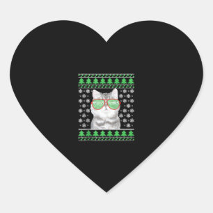 Adesivo Coração Gato com óculos de sol Suéter de Natal Feliz