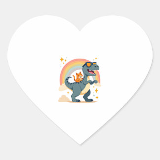 Adesivo Coração Gato Montando Dinossauro T-Rex Gatinho Arco-Íris D