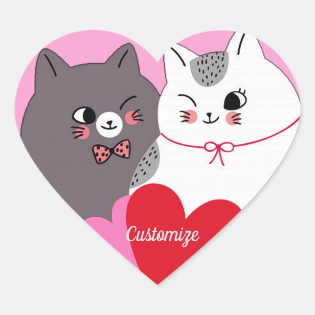 Adesivo Coração Gatos de Amor Personalizados Rosa (Frente)