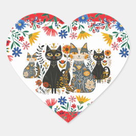 Adesivo Coração Gatos e Flores Mexicanos,