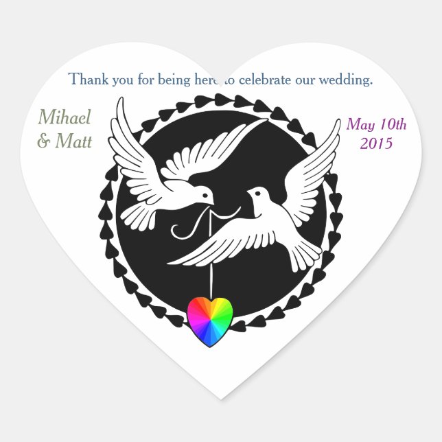 Adesivo Coração Gay Casamento Rainbow Heart Doves Heart Sticker (Frente)