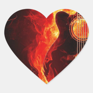 Adesivo Coração Guitarra Queimando, Música de Chamas Laranjas Band