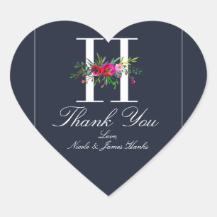 Adesivo Coração H Monograma Último Casamento Floral Azul Moderno I