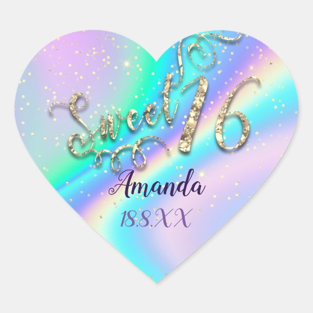 Adesivo Coração Hológrafo Doce 16º Brilhante do Coração Unicórnio (Frente)