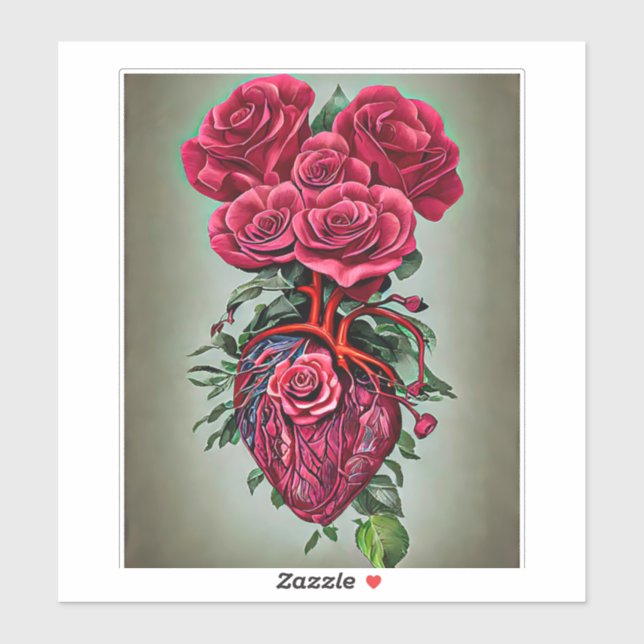 Adesivo Coração Humano com flores Rosas vermelhas, arte su (Folha)