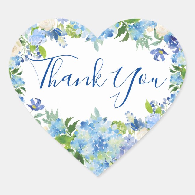 Adesivo Coração Hydrangea Azul Claro e Casamento de Aquarela Verde (Frente)