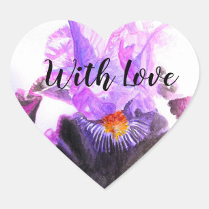 Adesivo Coração Íris Roxa Flor Floral Aquarela Com amor