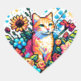 Adesivo Coração Laranja Gato em Flores Pixel Art