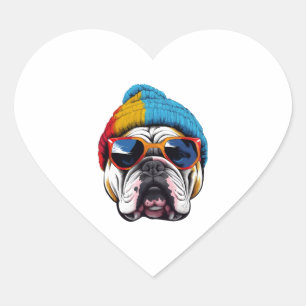 Adesivo Coração Legal Inglês Buldogue Vestindo Um Chapéu De Beanie