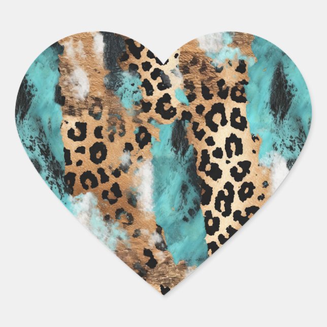 Adesivo Coração Leopardo Branco Dourado Turquesa (Frente)