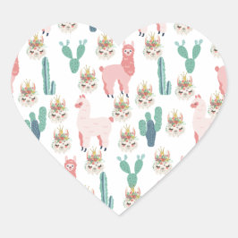 Adesivo Coração Lhamas Rosa Fofo e Cactus Verde