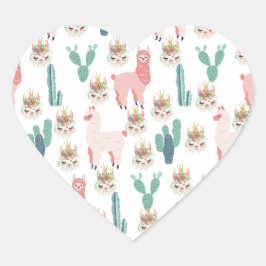 Adesivo Coração Lhamas Rosa Fofo e Cactus Verde