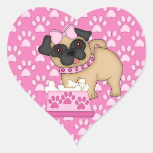 Adesivo Coração Listras e patas cor-de-rosa de Cuties do Pug