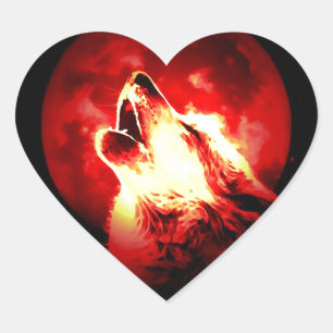 Adesivo Coração Lobo, Lua e Céu Vermelho