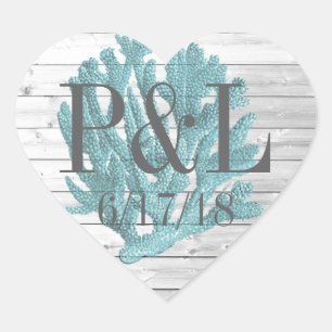 Adesivo Coração Madeira personalizada e palitos de coral de praia