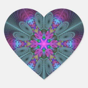 Adesivo Coração Mandala Colorida Arte Espiritual Fractal Com Rosa