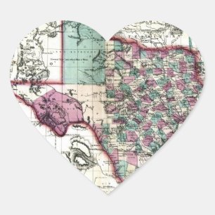 Adesivo Coração Mapa Antiquário do Texas, de 1866, por Schönberg &