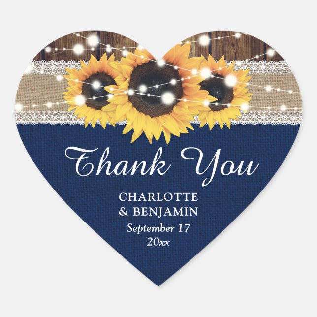 Adesivo Coração Marinho Azul Girassol Madeira Burlap Lace Obrigado (Frente)