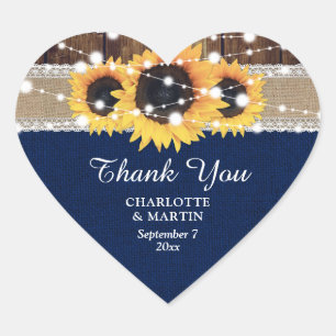 Adesivo Coração Marinho Blue Wood Burlap Lace Sunflower Casamento